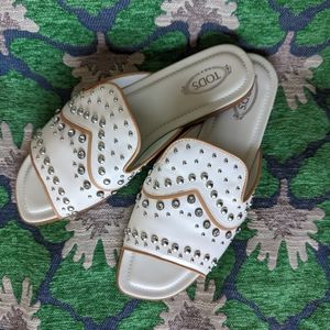 Tod's Embellished Leather Slide Sandals New Without Box